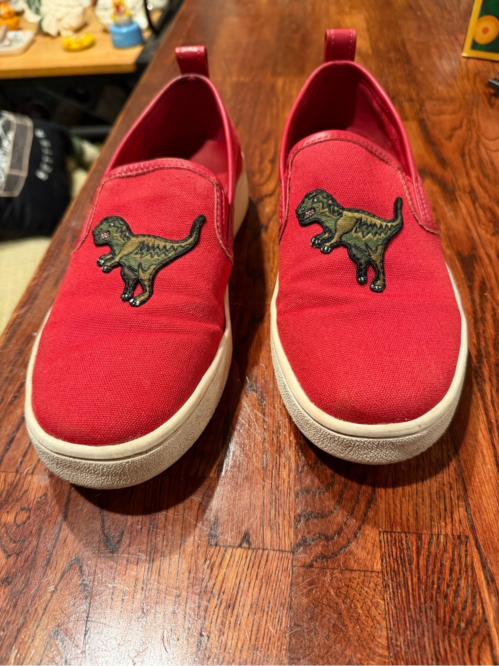 Coach Red Canvas Slip-On Flats with Dinosaur Patch